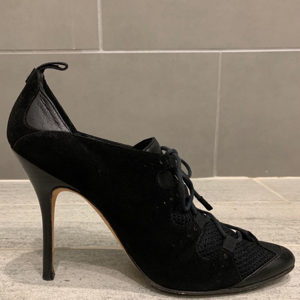 CONSIGNED. Manolo Blahnik Suede Heels with Mesh Overlay - Picture 11 of 16